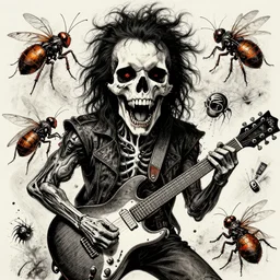 death by rock and roll. very detailed and beautiful face. screaming. electrical guitar. mechanical insects. horror music artwork by artgerm.