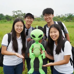 a photograph of students smiling while holding an alien they found in a field