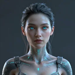 a 3D render portrait of a cyberpunk female, detailed, realistic eyes, symmetry body features proportions, bioluminescence, award winning, by Tom Bagshaw