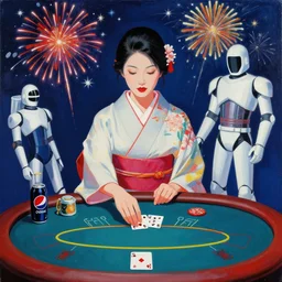 woman in a japanese kimono sitting at an extremely detailed poker table with the startrooper, sake, pepsi, on the table, fireworks and stars on the background, by andy warhol, by roy liechtestein, canvas, acrylic paint, cool color palette, masterpiece, 4 k, ultra - hd