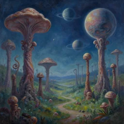 landscape painting of a strange alien fungal forest with spiral plants, planets visible in sky