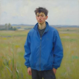 guy in a blue jacket, landscape, oil painting