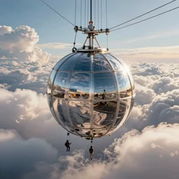 an inflated stainless steel chrome gondola in the clouds, people are hanging by steel cables. Intricate technical drawing. Mammatus clouds. solarpunk