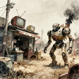 incredible screenshot, simple watercolor, soft bloom lighting, paper texture, movie scene, deserted shinjuku junk town, old pawn shop, bright sun bleached ground, mecha cyborg lurks in the foreground, cyberpunk, animatronic, black smoke, pale  beige sky, junk tv, texture, strange, impossible, fur, spines,  mouth, pipe brain, shell, brown mud, dust, overhead wires, telephone pole, dusty, dry, pencil marks  hd, 4k, remaster, dynamic camera angle, deep 3 point perspective, fish eye, dynamic scene