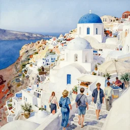 busy santorini, impressionistic watercolor painting by denis sarazhin, alvaro castagnet, john singer sargent, simon stalenhag, thomas kinkade, craig mullins