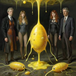 human amoeba mitosis by norman rockwell and gil elvgren and magali villeneuve and gerald brom and greg rutkowski, chiaroscuro!!, solarpunk!, opaque yellow liquid, floating, tendrils, ooze, hyperrealism, surrealism