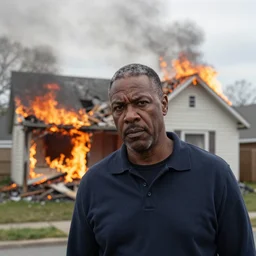a photo of a house burning down in the background and bill duke with an eerie expression in the foreground, strong depth of field