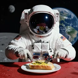 A photo of an astronaut on the moon without his helmet eating garlic bread with knife and fork,the bread is on a red table,earth in the background
