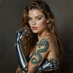 normal Rockwell painting of super model with dragon tattoo with cyborg arms