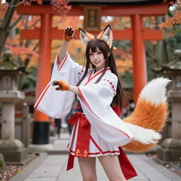 full - color photo of a cute young japanese woman cosplaying as a kitsune goddess doing a ritual dance in a windy inari shinto shrine in kyoto full of autumn leaves. she has fox - ears, a fox - tail, hands that are fox - paws, sharp fox - teeth, and a fox - nose. highly - detailed ; professional portrait photography.