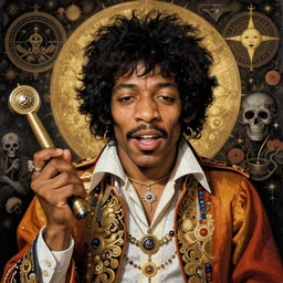 an astonishing and hilarious jean giraud work of art of jimi hendrix in the style of a renaissance masters portrait, mystical and new age symbolism and tibetan book of the dead imagery, intricately detailed, 4 k