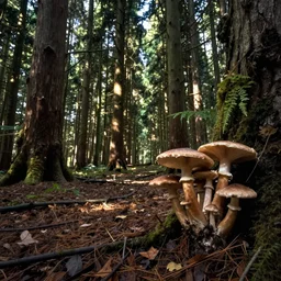 long tree forest, low shot for mushrooms by simon stalenhag