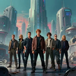 a group of people standing in front of a futuristic city, cyberpunk art by wadim kashin, cgsociety, retrofuturism, concept art, greeble, dystopian art, cinematic keyframe