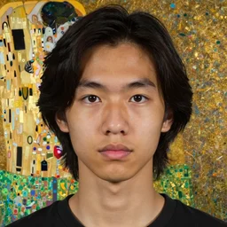 detailed portrait of a modern, young confident southeast asian american young man, large eyes, round cheeks, tanned skin, medium length hair in the style of lucian freud, francis bacon, john chamberlain, willem de kooning, andreas franke, jean giraud, rob gonsalves, james gurney, james jean, ruan jia, gustav klimt