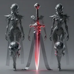 a full body character design by artgerm, cushart krenz, greg rutkowski and alphonse mucha. sci - fi dagger. laser red and white tape and dark grey translucent plastic tape project show attctive showgirl!! sci - fi helmet!! sharp edges. ultra clear detailed. contour light effect!! 8 k. ultra detailed, elegant, intricate, octane render.