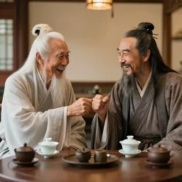 confucius, lao tzu, jesus drinking tea in a chinese tea house, happy, smiling, fist bumping