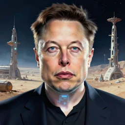 Portrait of Elon Musk hologram in a desolate space colony, by Anna Dittmann and Ilya Kuvshinov, Nikolay Makovsky, fantasy, high detail, elegant, digital painting, WLOP, natural light, vibrant, intricate, textured skin, highly detailed, artstation, sharp, focus, illustration, Nikolay Makovsky