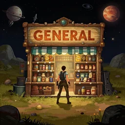 in front of a [ [ [ general store ] ] ], on an alien planet, from a space themed point and click 2 d graphic adventure game, set design inspired slightly by tomb raider, art inspired by [ [ thomas kinkade ] ] and bill alexander