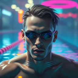 character concept portrait, male olympic swimmer, cyberpunk pool, digital painting, neon, bokeh, detailed, highly detailed, smooth, sharp focus, illustration by ruan jia and mandy jurgens and william - adolphe bouguereau, artgerm