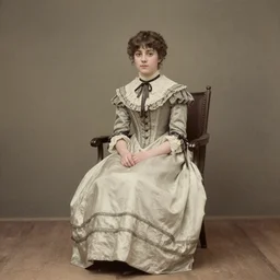 Portrait of a girl wearing a Victorian era dress sitting on a chair, 1900s photography