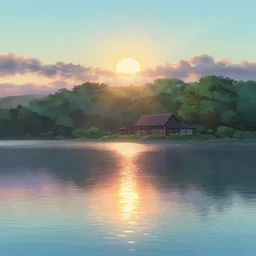a serene landscape with a singular building near a lake at sunrise, reflection of the sun on the water, by yoji shinkawa ghibli studio, anime style, pixar and disney style, high quality, highly detailed, 8 k, soft lighting, soft colors, path traced, bloom, godrays, complementary colors, natural lighting, beautiful, elegant