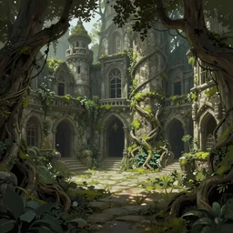 “ a courtyard in a beautiful elven city made of stone and tree roots, rich moss and vegetation, a fantasy digital painting, artstation, concept art, sharp focus, illustration, dark atmospheric lighting, art by greg rutkowski and alphonse mucha ”