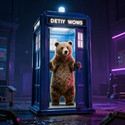 neon palette, Pudsey Bear stepping out of the tardis, ridley scott universe, mysterious, ultrarealistic, cinematic lighting, 4k, wide angle, trending on artstation