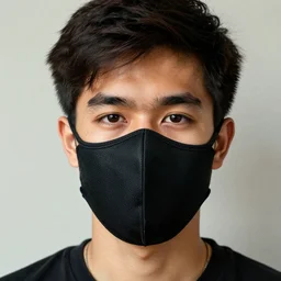 vhs glitched face of young man wearing black mask