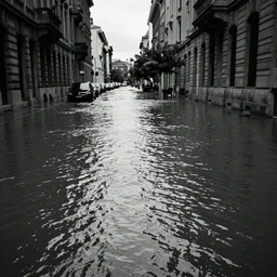 city street flooding, filling up with water, black and white photograph
