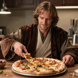 A still of Alec Guinnes as Obi-Wan Kenobi making a pizza, 4k, photograph, ultra realistic, highly detailed, professional lighting