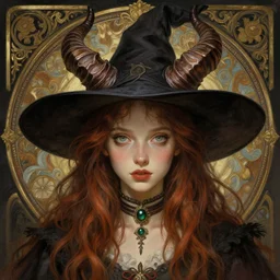 a beautiful illustration of a witch with horns in head, young cindy crowford, intricate, sharp focus, illustration, highly detailed, digital painting, concept art, matte, art by wlop and artgerm and greg rutkowski and alphonse mucha, masterpiece