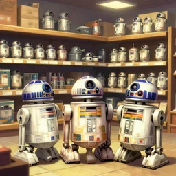 a store selling droids and droid parts, from a lucasarts point and click 2 d graphic adventure game, art inspired by thomas kinkade