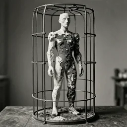 extreme harsh lighting antique photograph of biomorphic surreal sculpture of a standing figure of a traitor to humanity in an steel cage, made of plaster and old circuitry and stained with charcoal and sumi ink, fractal 3 d structure, sculpted by alexander rodchenko and eva hesse, photographed by francesca woodman, tragic grainy shallow depth of field high contrast shocking detail trending on artstation 8 k