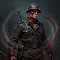 whirling portrait of a bloodied soldier, rippling, ultra realistic, concept art, intricate details, eerie, highly detailed, photorealistic, octane render, 8 k, unreal engine. art by artgerm and greg rutkowski and alphonse mucha