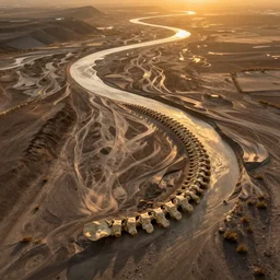 landscape photo of dry river in the shape of normal spinal curvature, drone shot, golden hour