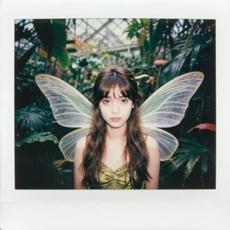 grainy head to shoulder portrait Polaroid film photograph of a small magical fairy in a tropical greenhouse. looking at the camera!!. super resolution. surreal. Extremely detailed. Polaroid 600 film. by Annie Leibovitz and Richard Avedon