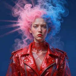 3 d, pink and blue smoke, sun rays, frown fashion model, plastic, liquid red metal, poster art, high detail, intricate oil painting, multiple exposure, deep blue mood, hyperrealism, 3 d, by tooth wu and wlop and beeple and greg rutkowski