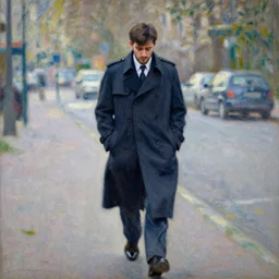 a single!!!!!!! drunk and depressed film noir detective in a trench-coat, walking along a street; a painting by Claude Monet