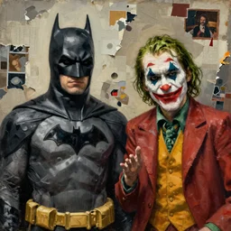 dramatic group portrait of batman and the joker, detailed, intricate, torn paper decollage, oil on canvas by edward hopper, ( by mattias adolfsson ), by moebius