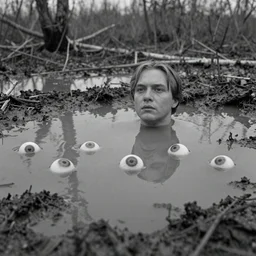 movie still by tarkovsky of several eyeballs floating in a mud pond, swamp backround, cinestill 8 0 0 t 3 5 mm b & w, heavy grain, high quality, noir, natural textures, photorealistic, ambient occlusion, hd, ultra wide lens, anamorphic