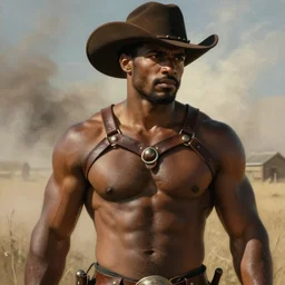 a beautiful dramatic epic painting of a handsome! thick shirtless black man. he is wearing a leather harness and cowboy hat. prairie setting, dust clouds. homoerotic, highly detailed, dramatic lighting, detailed face. by Mark Maggiori, by William Herbert Dunton, by Charles Marion Russell. trending on artstation