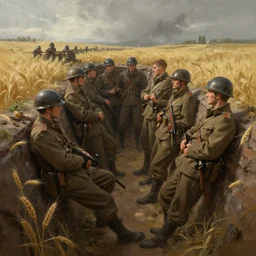 beautiful digital painting of a group of barley surviving soldiers in a trench waiting for the war to end. cinematic lighting and rendering, atmospheric, concept art by artgerm and greg rutkowski,,