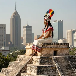 aztec lady wearing native clothes and headdress sitting on top of a mayan pyramid looking down at skyscrapers below