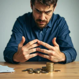 a worried man looking at a few coins on his desk