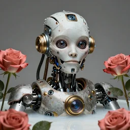 a beautiful intricate fine art portrait photo of a   a mechanical industrial steampunk cybernetic robot making silly funny faces, by tom bagshaw and zach sutton, roses surrounding the robot, perfection!, milk bath photography,  studio lighting, 35mm lens, very detailed, bionic, cybernetic scifi, deep depth of field, artstation, 8K, highly coherent