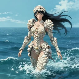 fantasy woman wearing an armor covered with seashells emerging from the sea, by Artgerm and Yoshii Chie, long shot