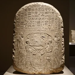 ancient mesopotamian stone stele showing superman visiting the people. cuneiform. presented in a museum