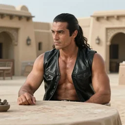 muscular man sitting at table on tatooine, wearing a black black leather vest vest, no shirt, shirtless, long black hair in a ponytail 9 9 9 0 0 0