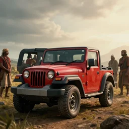red Mahindra thar, tribe members watching nearby, an epic fantasy, dramatic lighting, cinematic, establishing shot, extremely high detail, photorealistic, cinematic lighting, artstation, by christopher nolan, horizon forbidden west