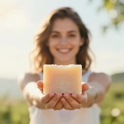 beautiful advertising photo of a woman holding scented soap bricks up to the viewer, smiling, summer outdoors photography at sunrise, bokeh, bloom effect